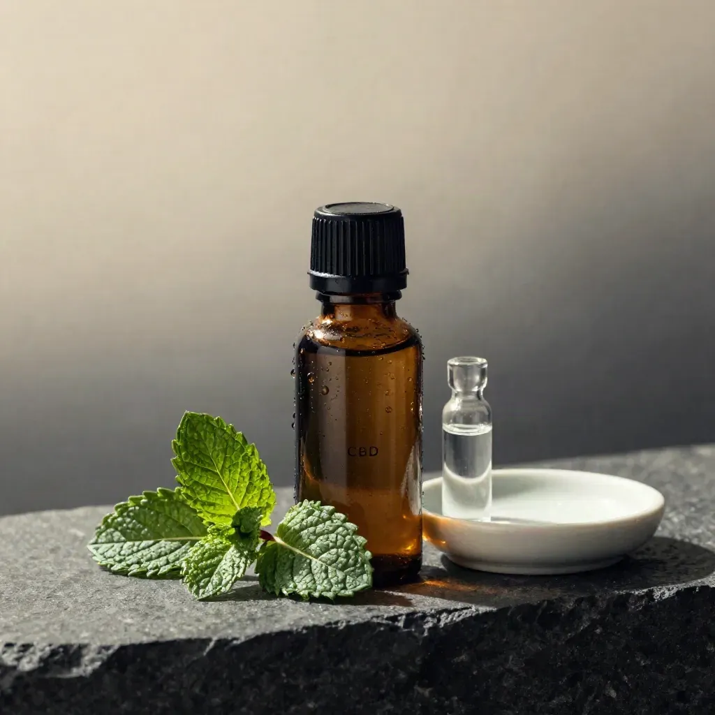 Mint CBD oil bottle with mint leaves, vial and ceramic dish in raking light.