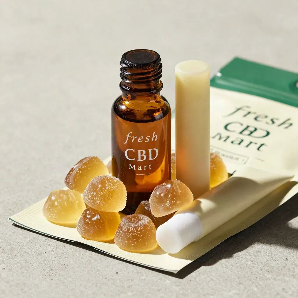 Macro trio of CBD oil, gummies and topical stacked on concrete with forest-green accent.